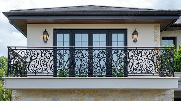 Fototapeta Elegant Balcony With Ornate Railing And Black Windows