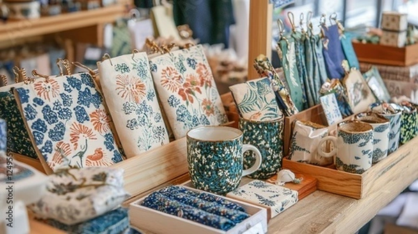 Fototapeta Handmade gift market showcase local craft store product display cozy environment eye-level view unique creations