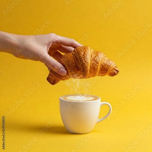 Fototapeta Hand holding fresh croissant over cup with cappuccino coffee on yellow background. Design concept for breakfast pastry mockup or banner. Free space for text. Yellow background.