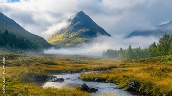 Obraz Majestic mountain landscape with flowing stream in the early morning mist