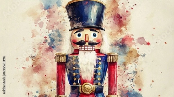 Fototapeta Colorful nutcracker figure stands against a vibrant artistic background, embodying holiday spirit and nostalgia for festive traditions