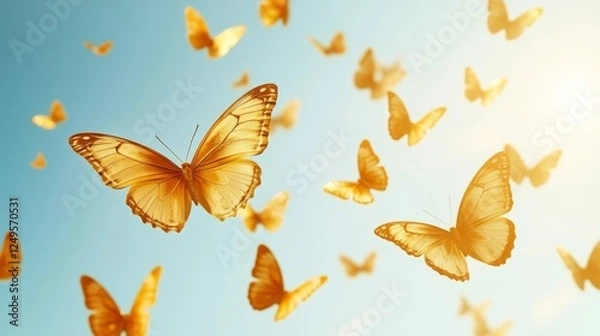 Fototapeta Golden butterflies fluttering in a vibrant sky during daylight