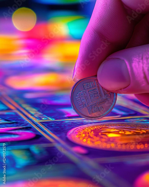 Fototapeta Close-up of hand scratching a lottery ticket with a coin