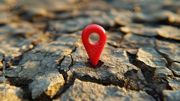 Fototapeta Red location pin on cracked ground symbolizing chaos in nature's fragile environment