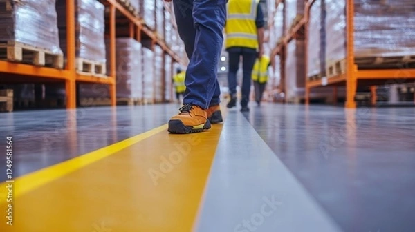 Fototapeta Workers walking on a warehouse floor while maintaining safety protocols during busy hours