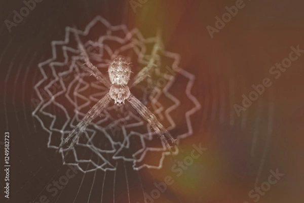 Fototapeta A funny pose of a spider on its web, with a soft sunlight background., spider on web, spider on the web