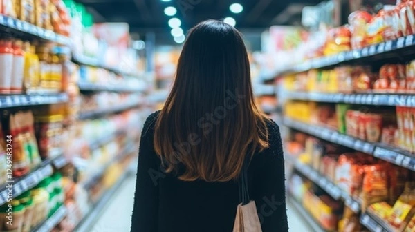 Obraz Young woman shopping in a grocery store aisle surrounded by colorful packaged food products in a modern retail environment