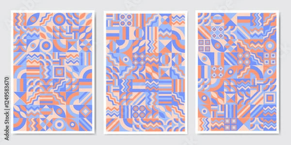 Obraz Color neo geo poster. Modern grid flyer with geometric shapes, geometry graphics and abstract background vector set. Geometry grid pattern banner vivid presentation illustration