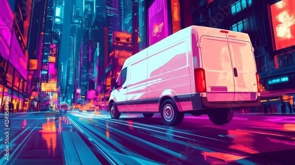 Fototapeta A white van is driving down a city street at night. The neon lights of the city create a vibrant and energetic atmosphere