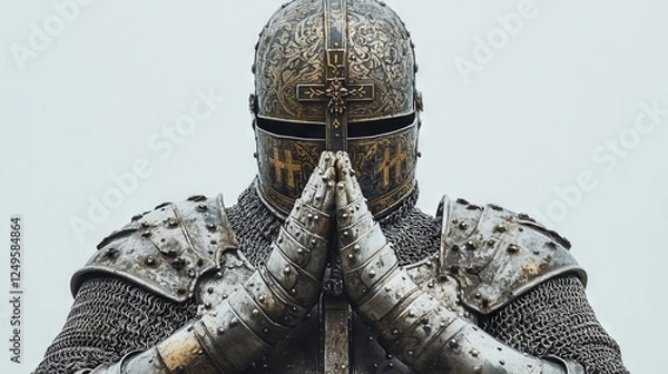 Fototapeta Medieval knight wearing ornate armor, praying with hands clasped against a simple background at twilight