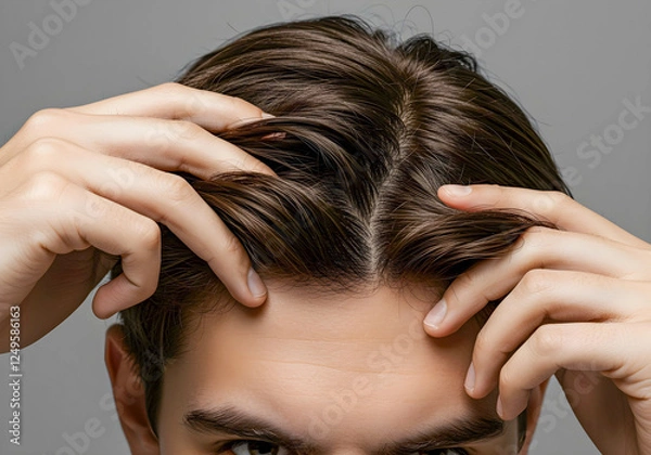 Fototapeta Close-Up of a Man Checking His Scalp for Hair Loss, Dandruff, or Scalp Issues – Hair Care Concept