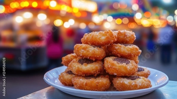 Fototapeta Carnival setting with deepfried banana Oreos on white plate