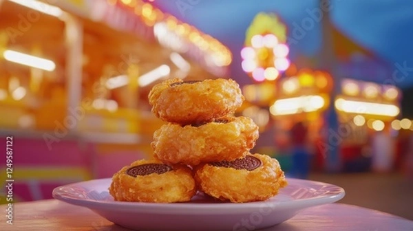 Fototapeta Festive scene with Banana Deep Fried Oreos on white plate