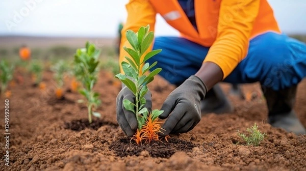 Fototapeta A person in gloves plants a young sapling in rich, brown soil, demonstrating sustainable farming practices and environmental care.