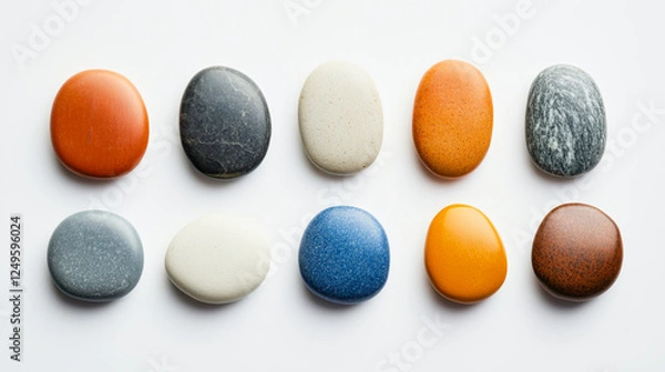 Fototapeta Colorful beach pebbles arranged in a balanced composition on a white background