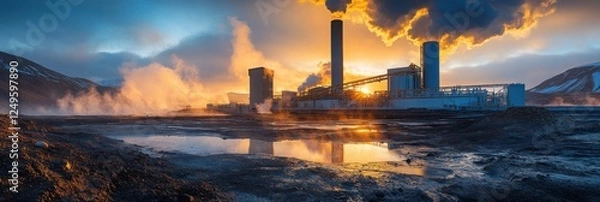 Fototapeta A dramatic industrial landscape at sunset, showcasing smokestacks, steam, and reflections in water, highlighting environmental impact and energy production.