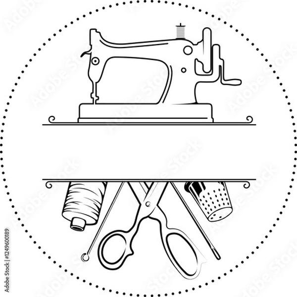 Obraz Symbol for sewing and cutting salon, sewing machine and needle with thread