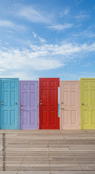 Obraz Colorful Doors to Opportunity: Choose Your Path Under a Bright Blue Sky - Choices, Decisions & Possibilities!