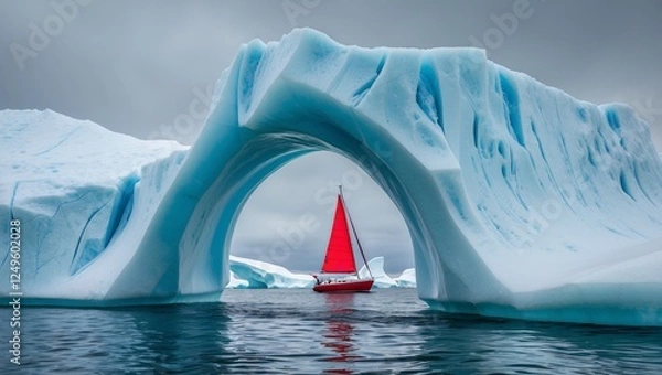 Fototapeta Sailing Through Ice: Red Sailboat Amidst Icebergs