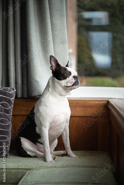 Fototapeta Boston Terrier dog sitting on green cushions on a bay window bench. She is looking out of the window.
