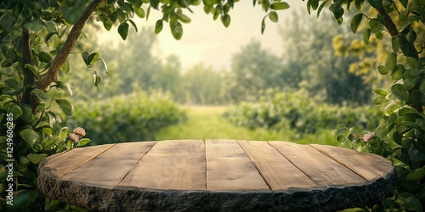 Fototapeta Wood Podium in farm display for products on nature background, brlured, bokeh