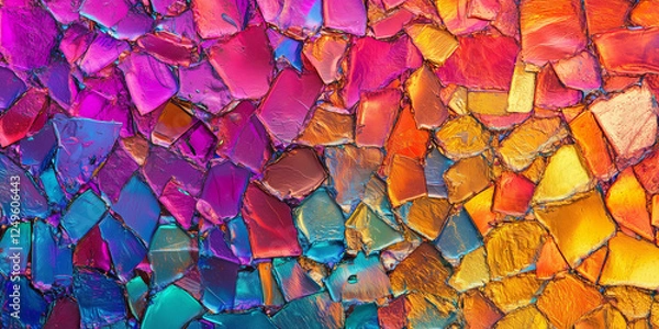 Fototapeta Colorful iridescent holographic texture made of rainbow foil. Сolored wrinkled, crumpled foil, pieces of foil