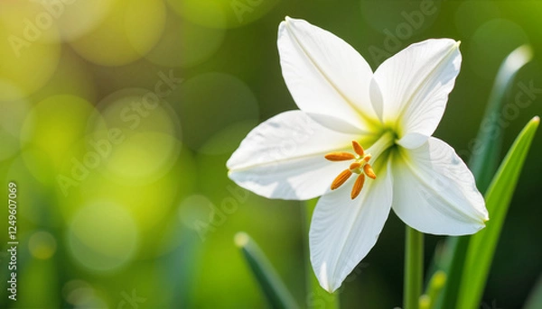 Fototapeta Close-up of a white Easter lily in full bloom with detailed petals and golden stamens on a blurred green background, highlighting the purity and elegance of spring