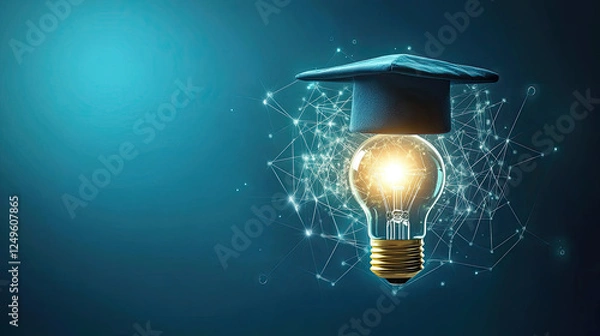 Fototapeta Light bulb and bachelor cap on blue background showcasing futuristic smart education