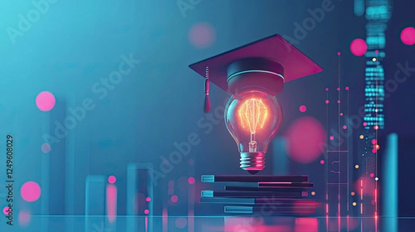Fototapeta Light bulb and bachelor cap on blue background showcasing futuristic smart education