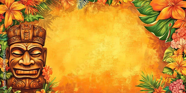 Fototapeta Hawaiian Luau Party with Tropical Flowers and Tiki Elements for Paradise Celebration with copy space