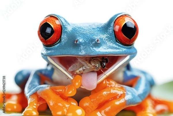 Fototapeta Red-eyed tree frog eating an orange insect with wide mouth open