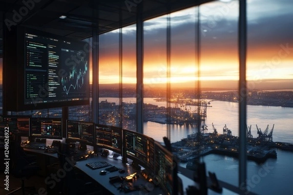 Fototapeta Sunset view from financial trading office overlooking harbor and city skyline