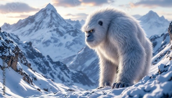 Fototapeta Yeti Standing in Snowy Mountain Landscape with Snow and Cloudy Sky