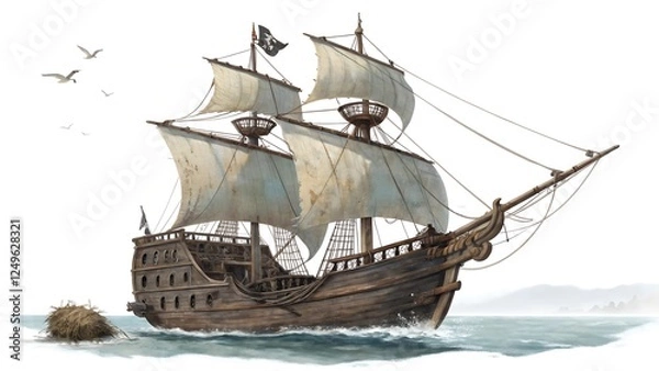 Fototapeta Illustration of a pirate ship sailing on the ocean, flying the Jolly Roger flag