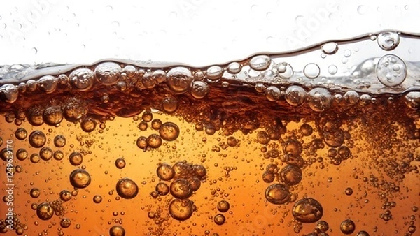 Fototapeta Close-up shot of a brown, fizzy beverage filled with bubbles.