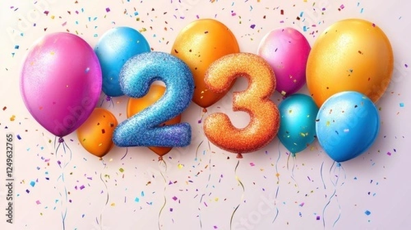 Fototapeta Celebrating 23 with colorful balloons and festive confetti decorations in a joyful atmosphere