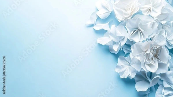 Fototapeta   A bouquet of white paper flowers on a light blue background with room for text or an image on a card or brochure
