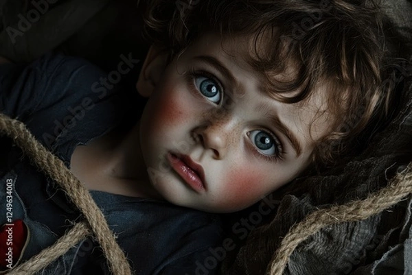 Fototapeta Child with striking blue eyes gazes curiously while surrounded by ropes indoors