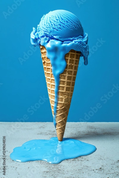 Fototapeta Single scoop of melting blue ice cream on waffle cone creating symmetric drips onto white surface against vibrant blue backdrop. Generative AI