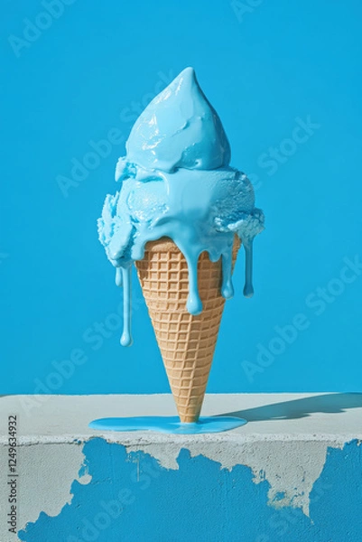 Obraz Melting blue ice cream cone dripping onto white surface against bright blue background, creating minimalist summer dessert composition. Generative AI