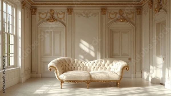 Fototapeta A luxurious, white tufted sofa sits in a spacious room with ornate moldings and large windows. The room is bathed in warm, natural light.