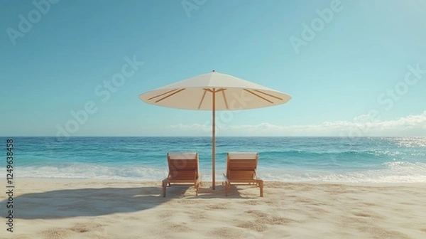 Fototapeta A calm beach scene featuring two lounge chairs under a large umbrella, set against a backdrop of gentle waves, creating an inviting atmosphere for relaxation.
