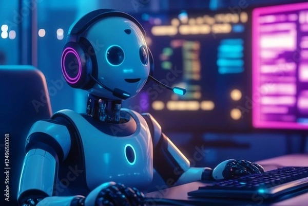 Fototapeta A sophisticated robotic call center agent, using an advanced headset, engages in seamless online chats, showcasing cuttingedge technology for exceptional customer support in todays digital age