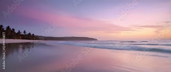 Fototapeta An inviting beach scene at dusk with soft pastel colors reflecting on the water where relaxation meets serenity in natures embrace