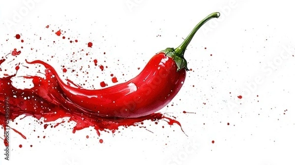 Fototapeta   Red pepper splashed onto white background with scattered red paint