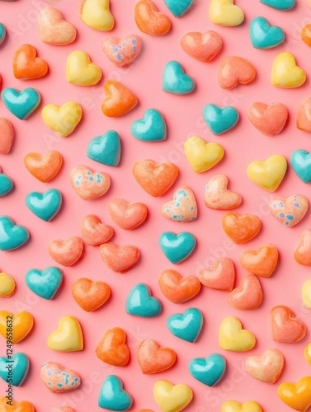 Fototapeta Abstract pattern of colorful candy hearts on a pastel pink background, top-down view. illustration