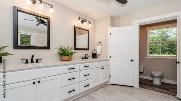 Fototapeta Stylish double vanity bathroom features chrome fixtures, black mirrors, and natural light illuminating the spacious area