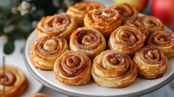 Fototapeta This mouth-watering image showcases a plate filled with beautifully arranged cinnamon rose pastries, inviting viewers to indulge in the sweet and decadent treat.