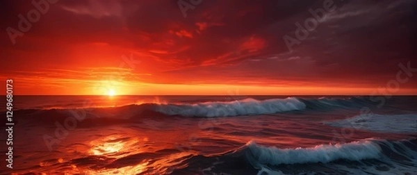 Obraz A vibrant red sunset setting the horizon ablaze over tranquil ocean waves where the sea reflects a dazzling display of fiery colors