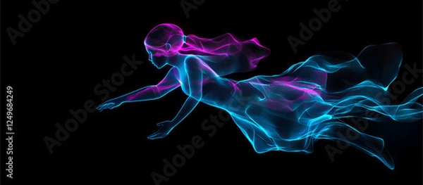 Fototapeta Banner with neon silhouette of a girl floating in the air on a dark background